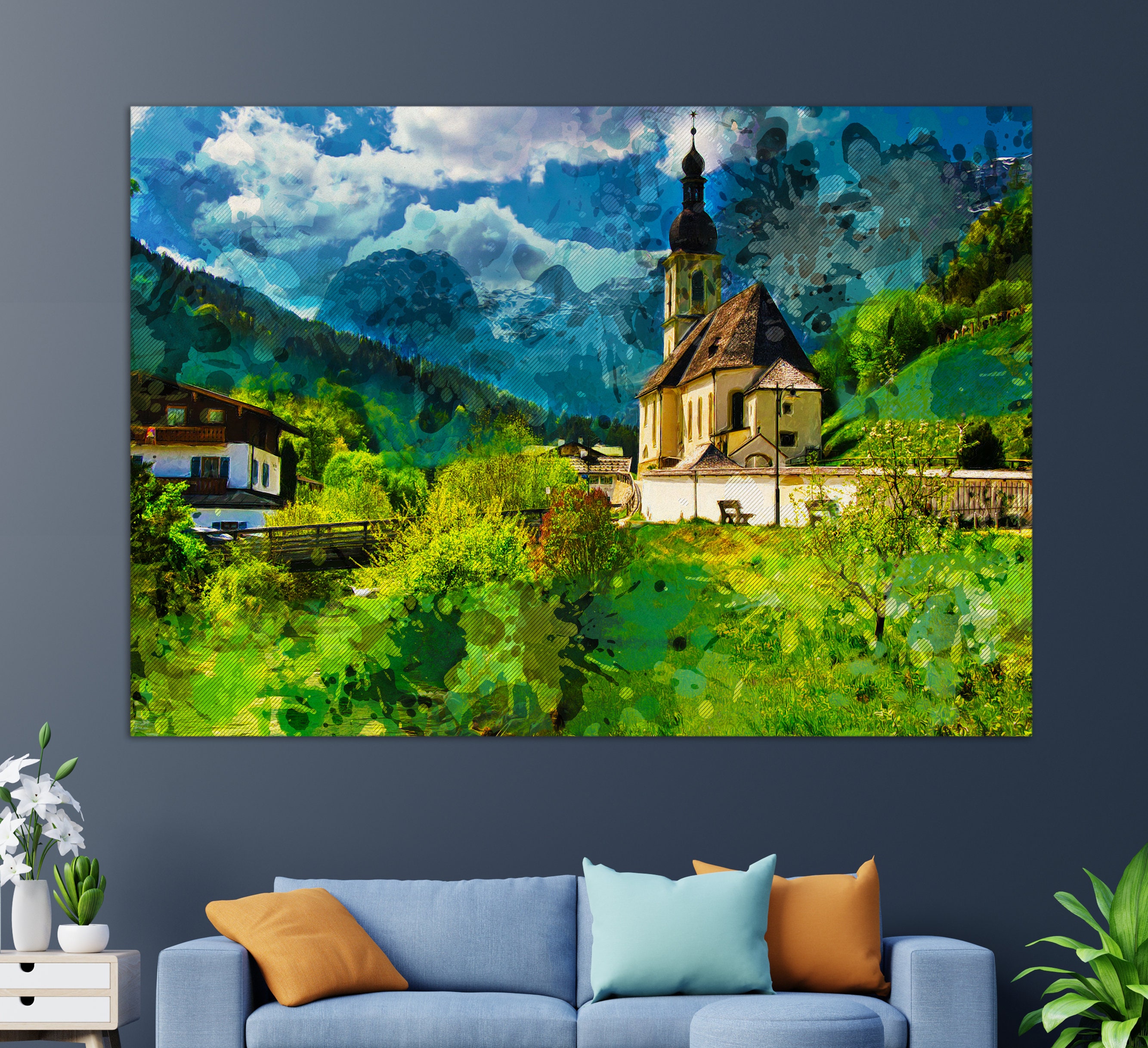 Pfarrkirche St. Sebastian in Ramsau bei Berchtesgaden Leinwand Druck,  Berchtesgaden Malerei, Berchtesgaden Wandkunst, Deutschland Leinwand Kunst