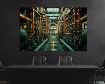 May include: A photograph of a long, narrow hallway lined with copper pipes and machinery. The hallway is lit by overhead lights and has a green tiled floor.