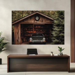 Retro Porsche in Old Garage Canvas Print, Porsche Wall Art, Vintage Porsche Canvas Art, Old Porsche Painting, Porsche Fan Gift
