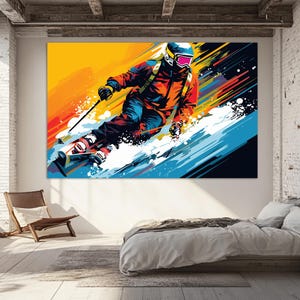 Abstract Skier Pop Art Style Canvas Print, Skiing Wall Art, Skier Painting, Skier Gift