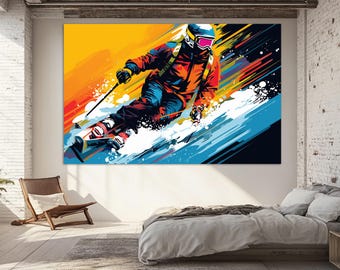 Abstract Skier Pop Art Style Canvas Print, Skiing Wall Art, Skier Painting, Skier Gift