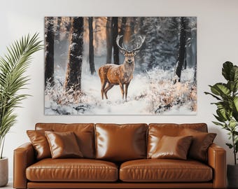 Deer in Winter Forest Canvas Print, Deer Wall Art, Winter Deer Poster, Deer Print