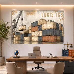 Puede incluir: Un gran cuadro rectangular de pared con una ilustración en acuarela de un puerto con contenedores de carga apilados en tonos azul, naranja y beige, una grúa levantando un contenedor y la palabra LOGISTICS en letras doradas.