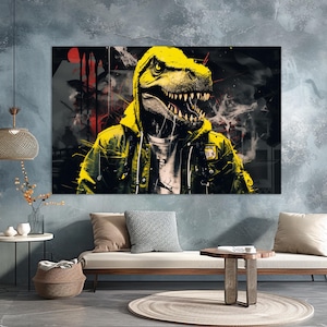 Peinture grunge dinosaure, impression sur toile dinosaure cool, pop art dinosaure, art mural dinosaures, toile street art