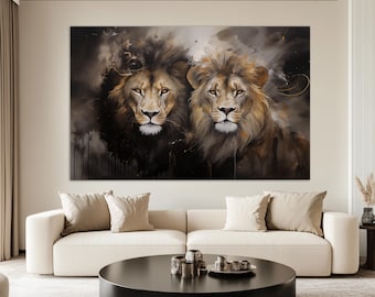 Muurkunst leeuwen, canvasprint leeuwen, schilderij leeuw en leeuwin, romantische muurkunst