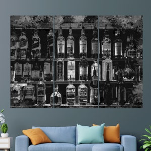 May include: A black and white abstract art print of a liquor store shelf with various bottles of alcohol. The bottles are arranged in rows on the shelves, and the background is a blurred image of a liquor store.