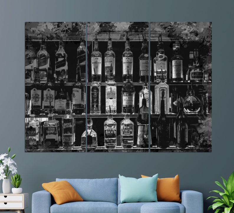 May include: A black and white abstract art print of a liquor store shelf with various bottles of alcohol. The bottles are arranged in rows on the shelves, and the background is a blurred image of a liquor store.