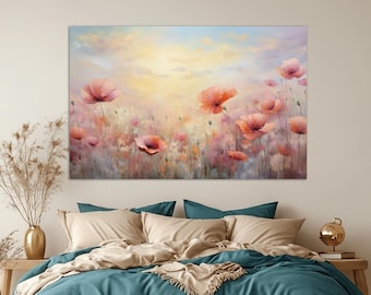 Mohnfeld Leinwanddruck, Mohnblumen Malerei, Sanfte Farben Leinwandkunst, Blumenwandkunst, Blumenwanddekor