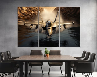 May include: A split canvas print of a military jet breaking through the clouds. The jet is painted in a camouflage pattern and is flying at a high speed. The background is a blurred image of clouds and sky.