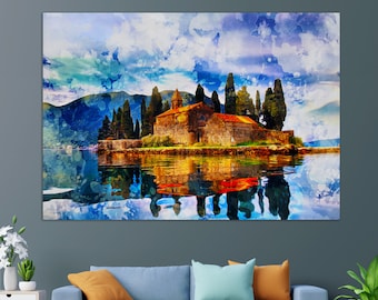 Arte mural de Montenegro, Impresión en lienzo de Perast, Pintura de Perast, Arte en lienzo de Montenegro