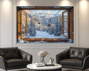 Window to Winter Landscape with Ski Lift in Snowy Forest Canvas Print, Open Window Wall Art, Scenic Ski Lift Painting, Ski Resort Wall Decor