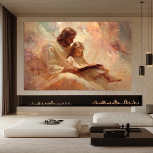 Jesus reading Bible for little Girl Canvas Print, Jesus Christ Painting, Religious Wall Art, Christian Painting, Religious Wall Decor