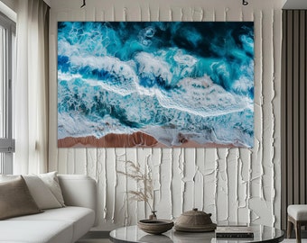 Impresión en lienzo de pintura marina grande, impresión en lienzo de playa, arte mural oceánico, pintura de playa, arte mural oceánico