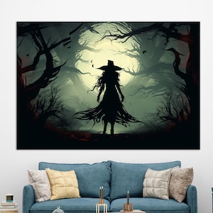 Witch Canvas Print, Witch Silhouette Painting, Witches Wall Art, Vintage Halloween Wall Decor