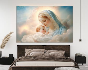 聖母マリアと眠る幼子イエスのカトリックキャンバス壁アート、キリスト
