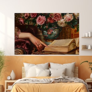 Abstract Woman Reading Books Canvas Print, Vintage Library Wall Decor, Reading Wall Art, Reader Gift, Librarian Gift