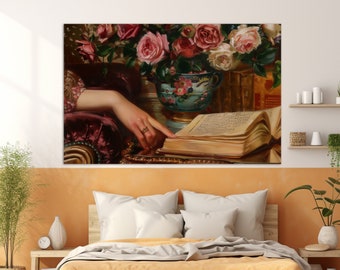 Abstract Woman Reading Books Canvas Print, Vintage Library Wall Decor, Reading Wall Art, Reader Gift, Librarian Gift