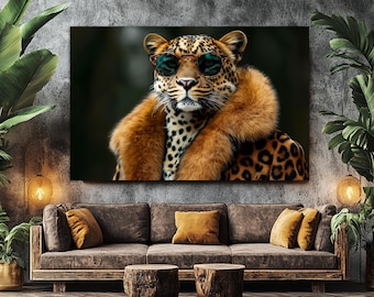 Majestic Leopard in Sunglasses and Fur Coat Canvas Print, Night Club Decor, Fashion Wall Art, Fashion Poster, Fashion Studio Decor