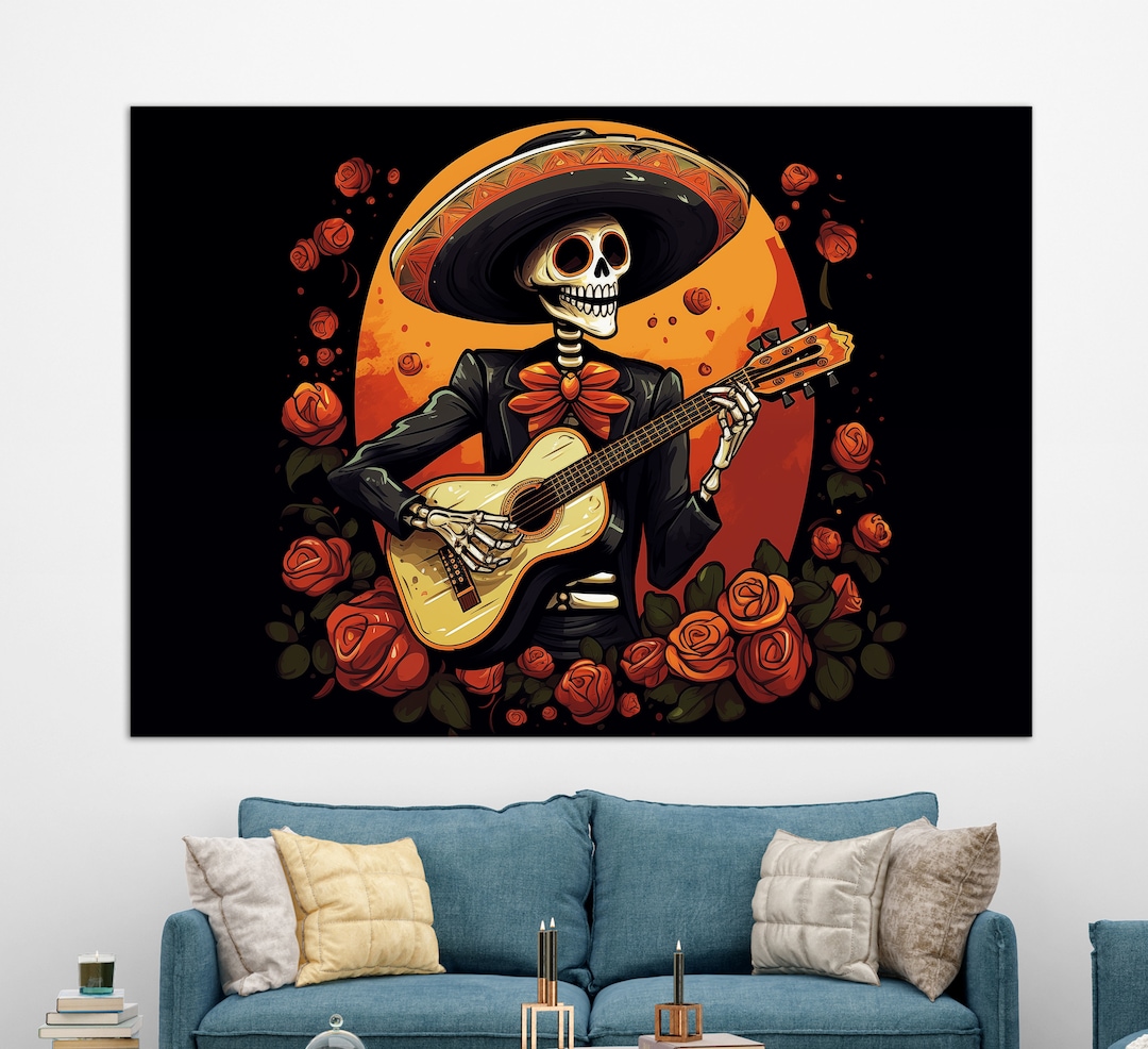 Mariachi Skeleton Playing Guitar Canvas Print Day of the Dead Wall Art