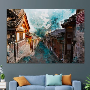 Bukchon Hanok Village Canvas Print, Abstract Bukchon Hanok Village Painting, Korean Wall Art, Seoul Canvas Art