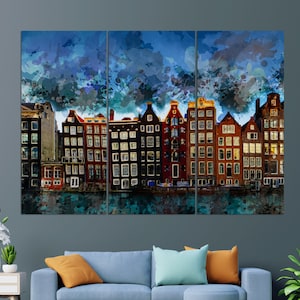 Houses in Amsterdam Canvas Print, Abstract Amsterdam Painting, Amsterdam Wall Art, Netherlands Canvas Art