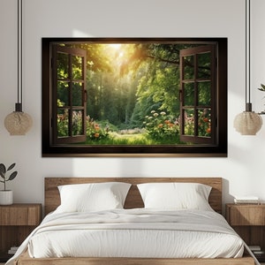 Window to Forest Glade with Flowers Canvas Print, Forest Wall Art, Faux Window Painting, Modern Canvas Art