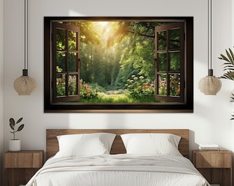 Window to Forest Glade with Flowers Canvas Print, Forest Wall Art, Faux Window Painting, Modern Canvas Art