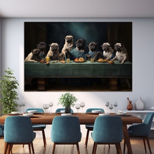 Dogs Having Dinner Canvas Print, Pugs Wall Art, Pug Owner Gift, Kitchen Wall Decor