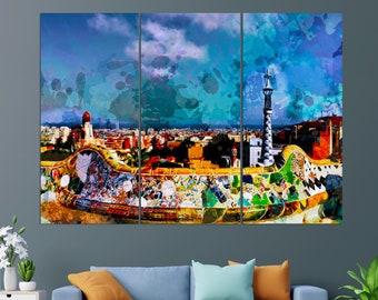 Park Guell in Barcelona Canvas Print, Abstract Barcelona Wall Art, Barcelona Painting, Catalonia, Spain Canvas Print