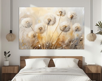 Dandelion Flowers Painting Canvas PRINT, Panoramic Wall Art, Large Floral Canvas Art, Soft Colors Wall Art, Framed and Ready to Hang