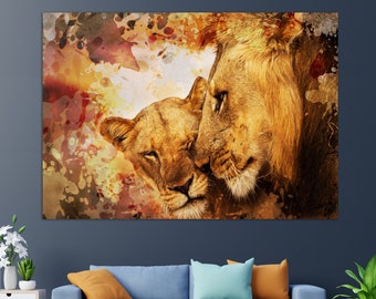 Lions Wall Art, Lions Canvas Print, Lion and Lioness Painting, Romantic Wall Art