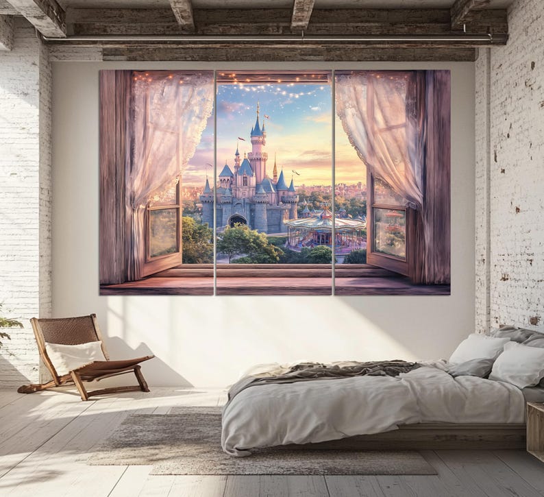 May include: A three-panel canvas art piece depicting a fairytale castle scene viewed through open windows with sheer curtains. The castle is gray with blue turrets, set against a sunset sky. The windows are framed in wood.