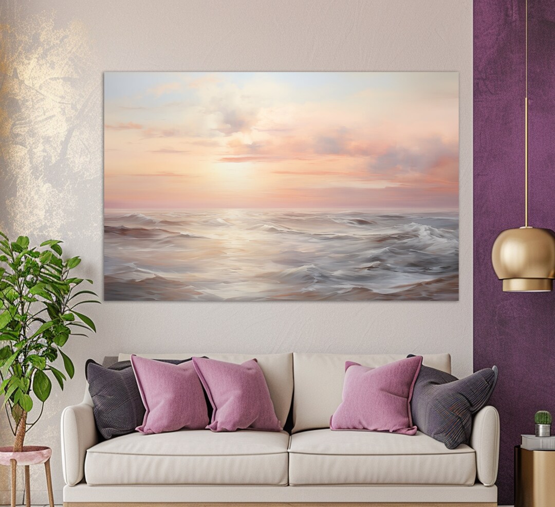 Pink Sunset on the Sea Soft Tones Oil Painting Canvas PRINT, Ocean ...