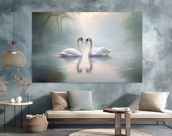 Swans Couple Canvas Print, Love Wall Art, Swans Painting, Wife Gift, Swans Wall Art