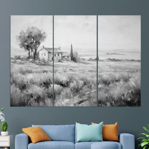 May include: A black and white painting depicting a farmhouse in a field, with trees and a distant horizon.