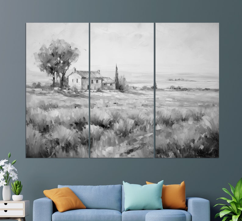 May include: A black and white painting depicting a farmhouse in a field, with trees and a distant horizon.