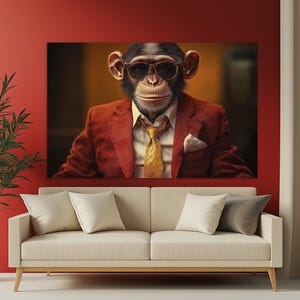 Impresión en lienzo de un caballero mono con traje, corbata y gafas de sol, decoración de discoteca, elegante arte de pared