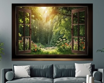 Window to Forest Glade with Flowers Canvas Print, Forest Wall Art, Faux Window Painting, Modern Canvas Art