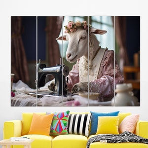 Abstract Goat Seamstress Canvas Print, Sewing Wall Art, Seamstress Gift, Tailor Gift, Funny Sewing Painting