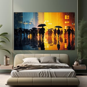 Rainy Street Abstract Canvas Print, Rain Wall Art, Megapolis Painting