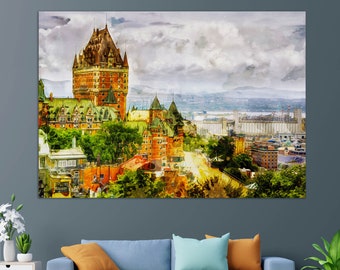 Impresión en lienzo del Castillo de Quebec, Impresión en lienzo del Fairmont Le Château Frontenac, Pintura del Castillo de Quebec, Arte en lienzo de Canadá