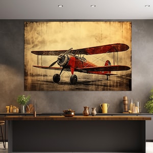 Vintage Biplane Canvas Print, Retro Airplane Painting, Aircraft Wall Art, Pilot Gift, Airplane Canvas Art