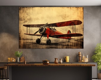Vintage Biplane Canvas Print, Retro Airplane Painting, Aircraft Wall Art, Pilot Gift, Airplane Canvas Art