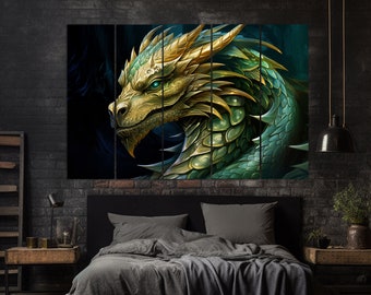 Green Dragon Painting, 2024 Sign Wood Dragon Canvas Print, Chinese Calendar 2024 Sign Wall Art