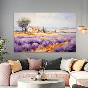 May include: A painting depicting a small cottage nestled in a field of purple lavender flowers. The cottage is white with a brown roof and is surrounded by a field of lavender. The sky is blue with clouds.