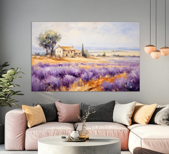 Lavender Field in Provence Painting Canvas PRINT, Provence Wall Art, Lavender Field Painting, Rustic Canvas Art