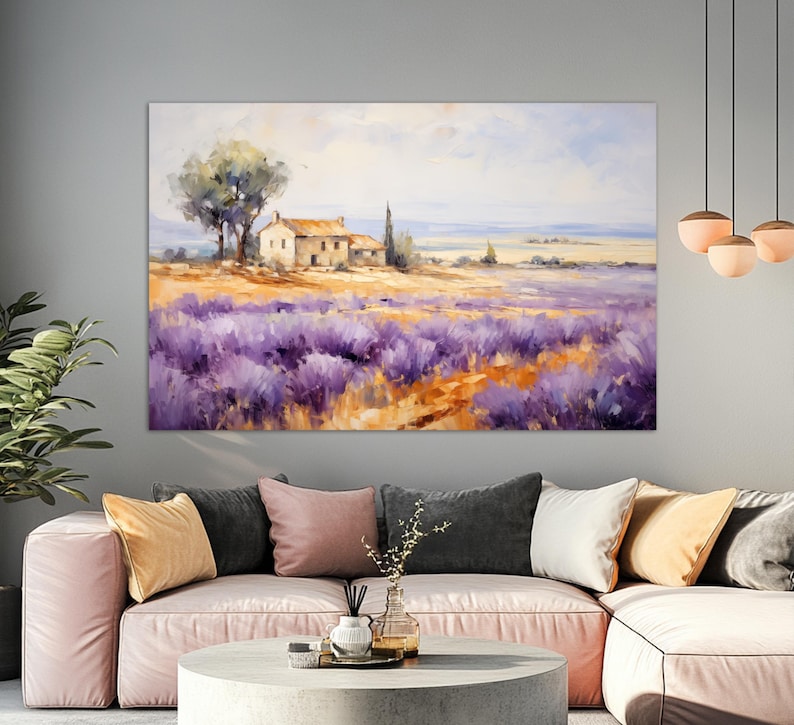May include: A painting depicting a small cottage nestled in a field of purple lavender flowers. The cottage is white with a brown roof and is surrounded by a field of lavender. The sky is blue with clouds.