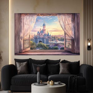 May include: A large canvas print depicts a fairytale castle scene viewed through an open window with sheer curtains. The castle is a light blue with multiple turrets, set against a sunset sky. The window frame is a warm brown.