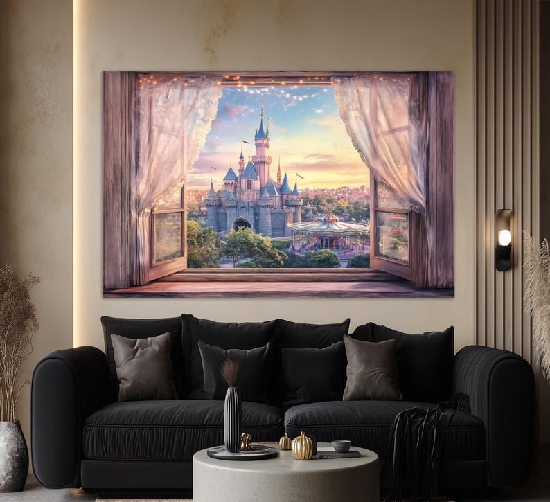 May include: A large canvas print depicts a fairytale castle scene viewed through an open window with sheer curtains. The castle is a light blue with multiple turrets, set against a sunset sky. The window frame is a warm brown.