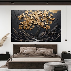 Golden Tree on Black Background Luxurious Painting Canvas Print, Luxury Wall Art, Luxury Painting, Gold and Black Wall Art, Gold in Interior
